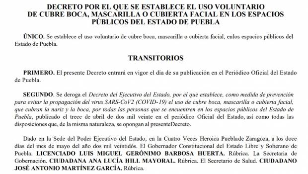 Este es el decreto que elimina uso de cubreboca en Puebla