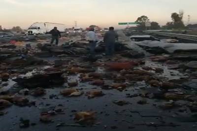 VIDEO: Vuelca tráiler y se presenta rapiña con carga de pollos en la autopista Puebla-Orizaba