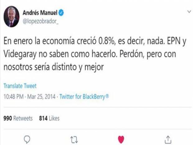 En 2014 a AMLO crecimiento económico de 0.8% le parecía &quot;nada&quot;