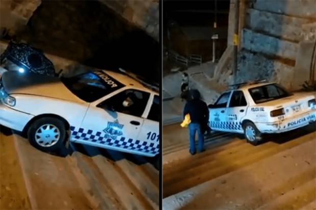 Policía rápido y furioso baja escalera ¡con todo y patrulla!