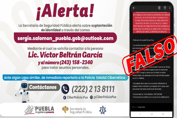 Alerta SSP Puebla sobre correo electrónico falso del gobernador