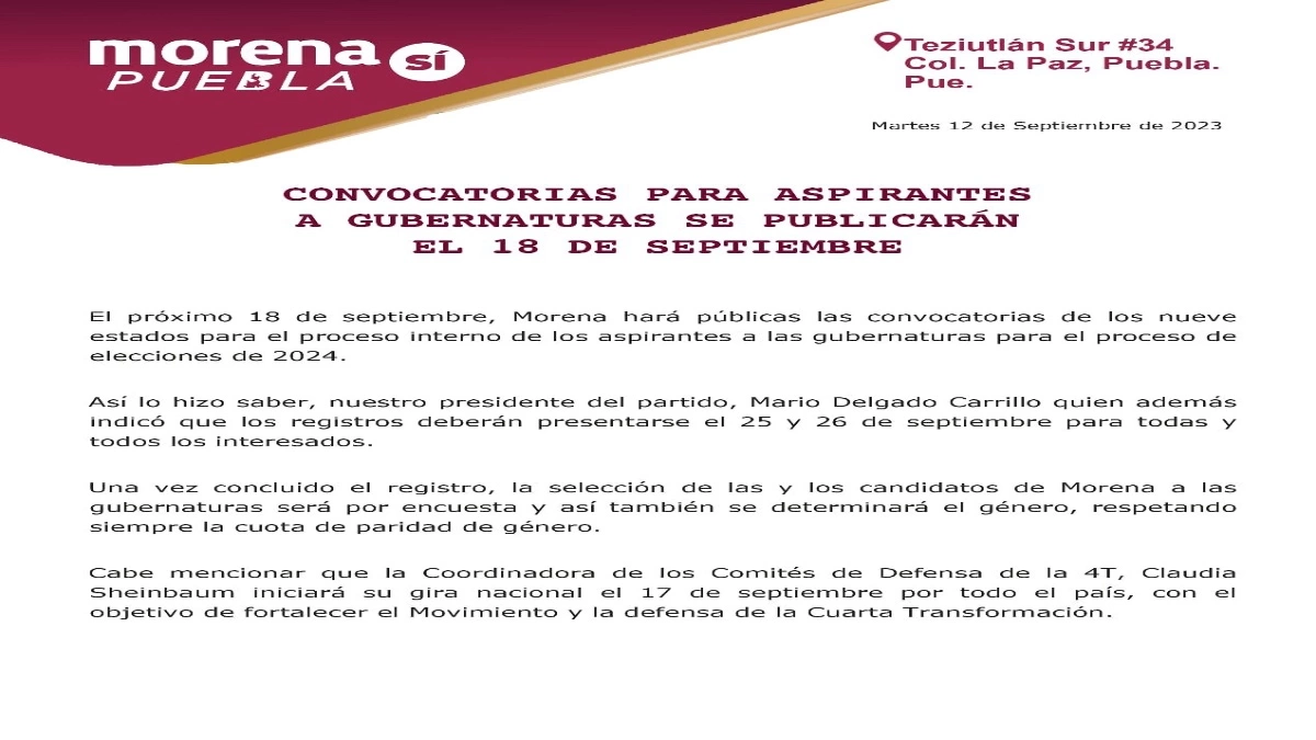 Emitirá Morena convocatoria para aspirantes a gubernatura en Puebla y ocho estados más
