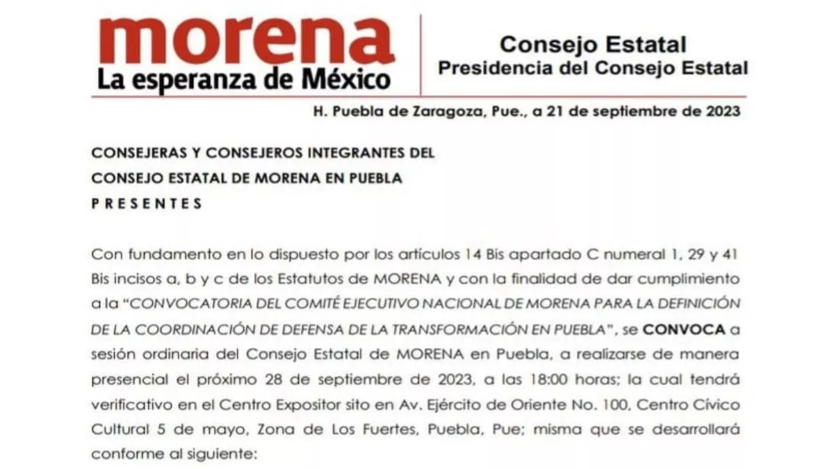 Morena Puebla seleccionará precandidatos a gubernatura el 28 de septiembre