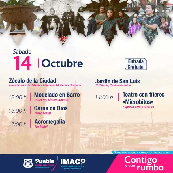 Cartelera cultural del centro histórico de Puebla para 14 y 15 de octubre