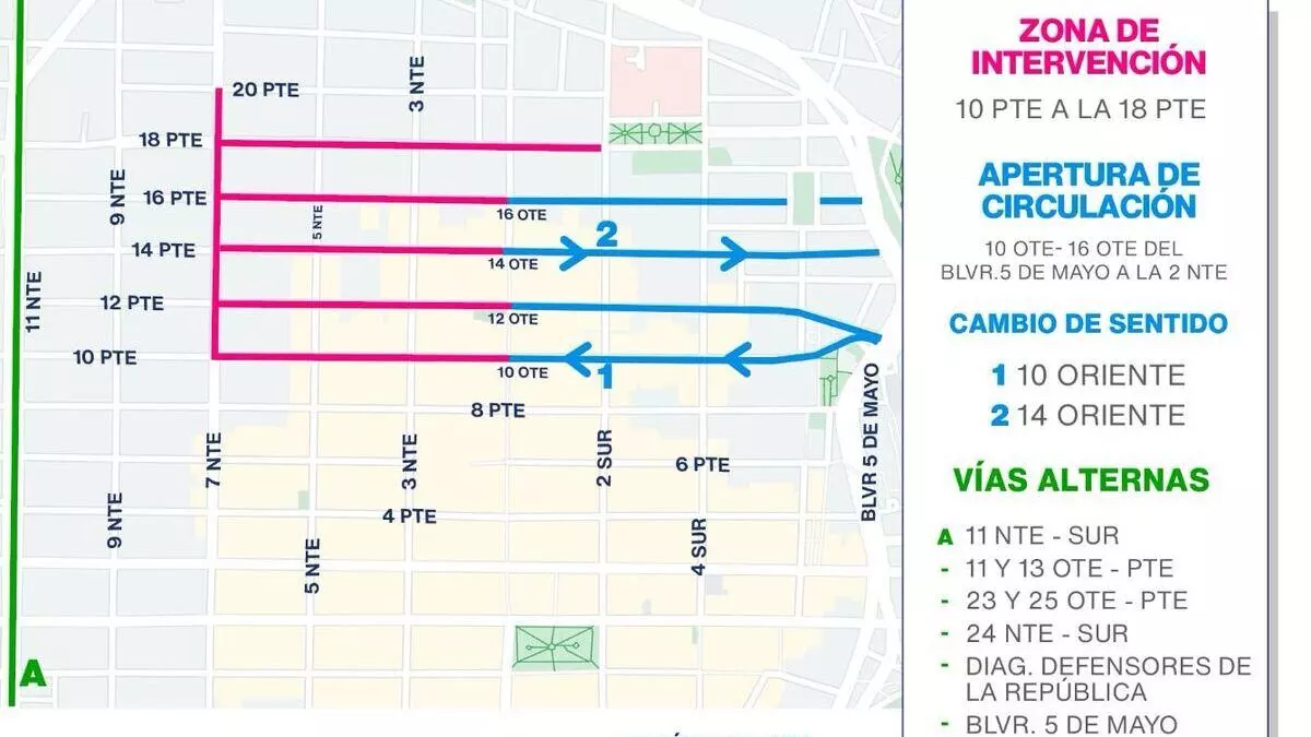 Conoce los cambios de circulación vial de 10 a 16 Oriente-Poniente en Puebla