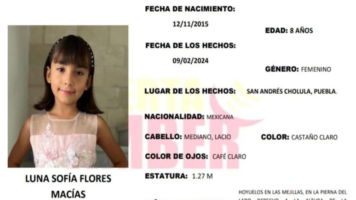 Activan Alerta Amber para localizar a una niña de ocho años en Puebla