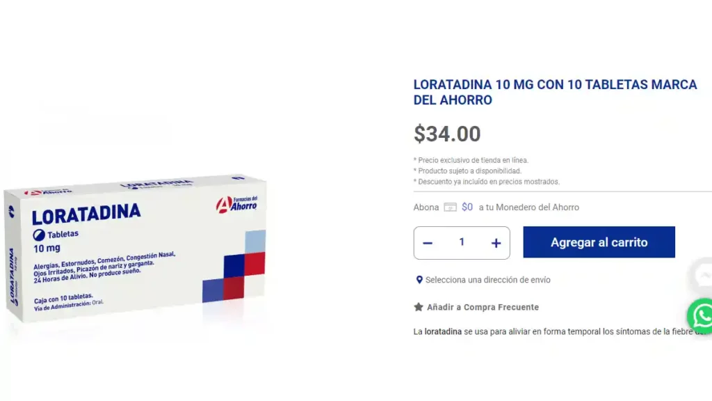 Caja de tabletas de loratadina que se vende en Farmacias del Ahorro.