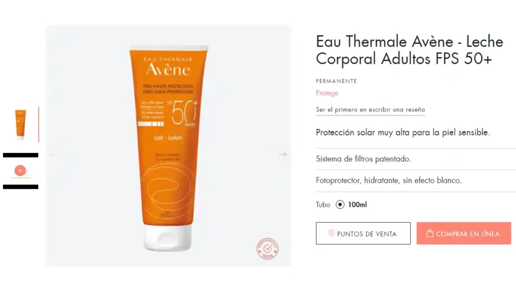 Loción bloqueadora de la marca Avene.