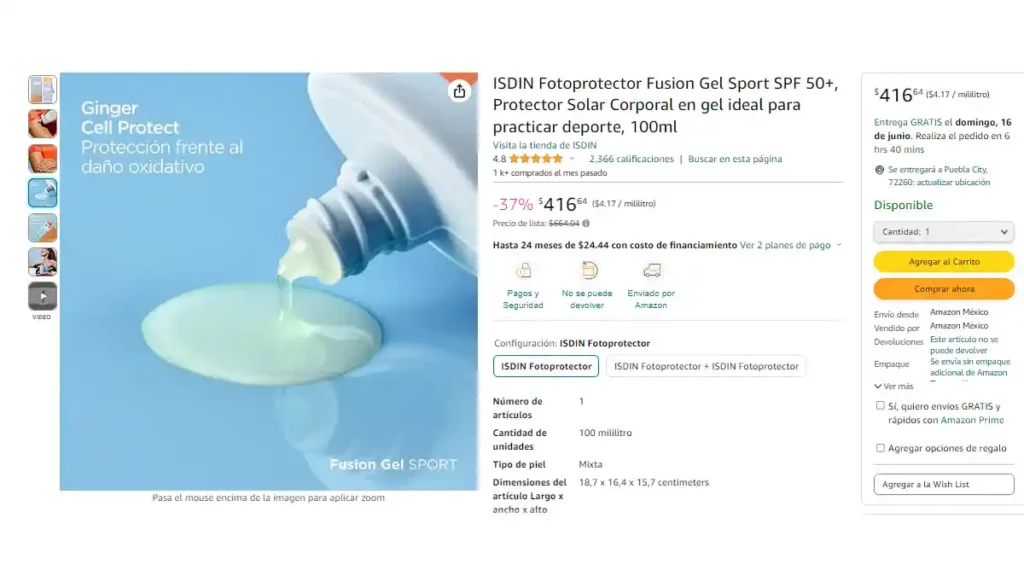 Información sobre un protector solar en gel de la marca ISDIN.