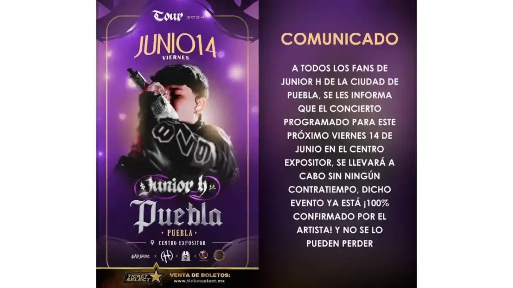 Comunicado sobre el concierto de Junior H programado para el 14 de junio en Puebla.