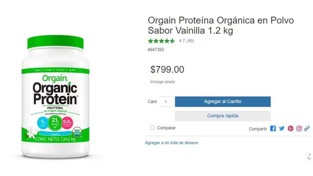 Frasco de proteína orgánica en polvo que venden en Costco.