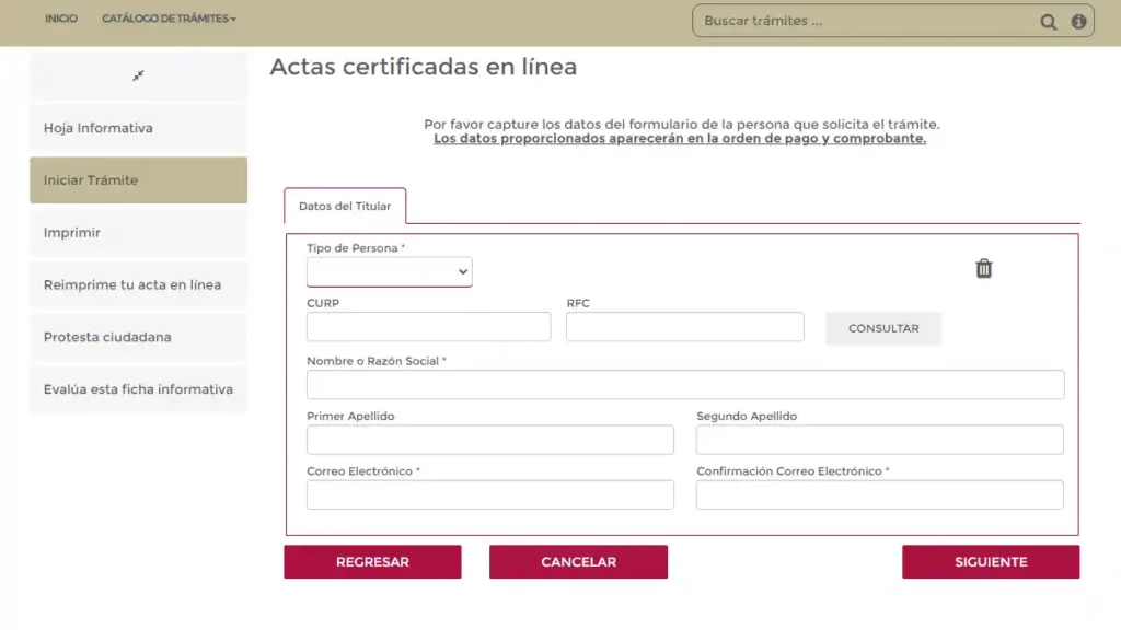 Formulario para descargar la copia certificada del acta de nacimiento.