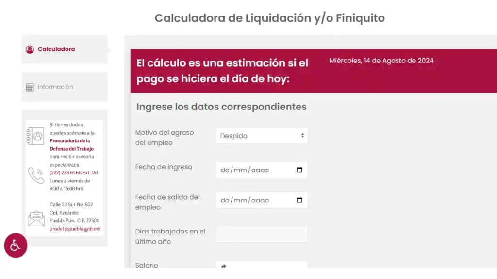 Formulario para calcular el finiquito o liquidación de la página del Gobierno de Puebla.