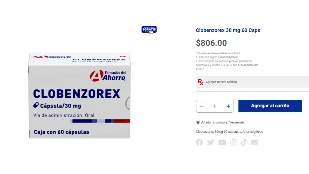 Medicamento controlado para bajar de peso de venta en Farmacias del Ahorro.