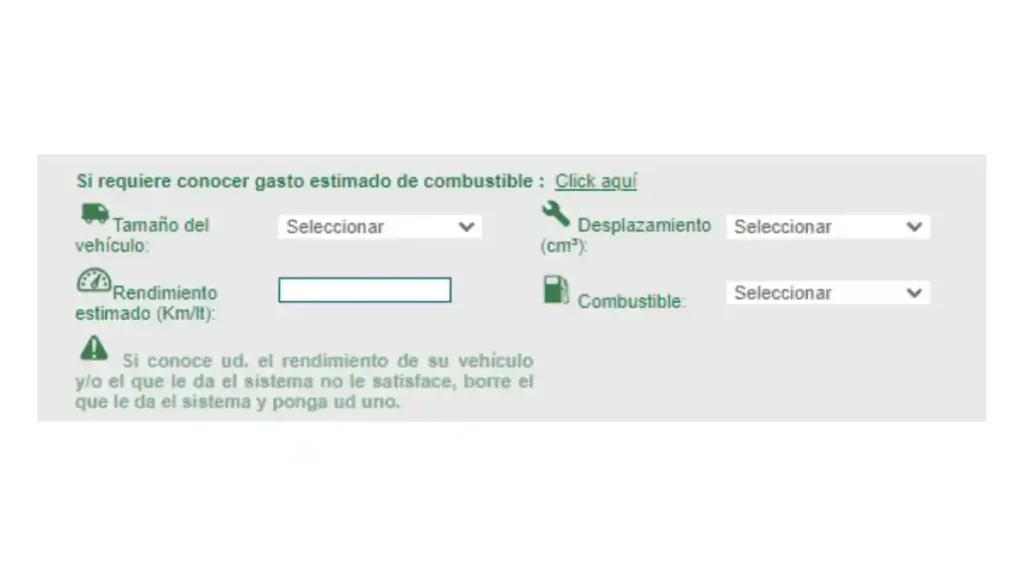 Apartado de gasto estimado de combustible durante un viaje.