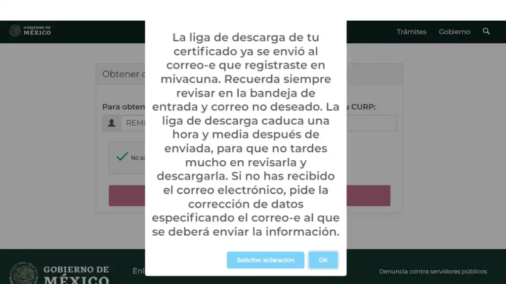 Información sobre la liga de descarga del certificado de vacunación.