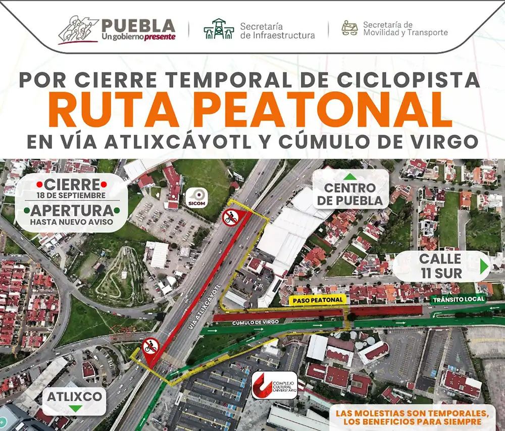 Modifican vías ciclistas, peatonales y vehiculares por obras en Vía Atlixcáyotl