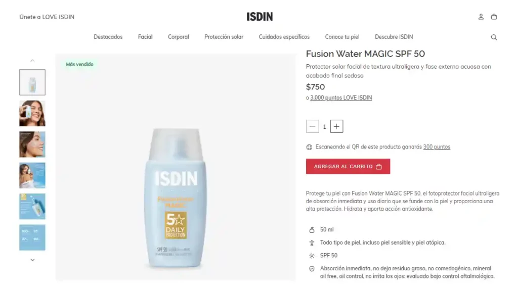 Información del bloqueador Fusion Water Magic SPF 50 de ISDIN.