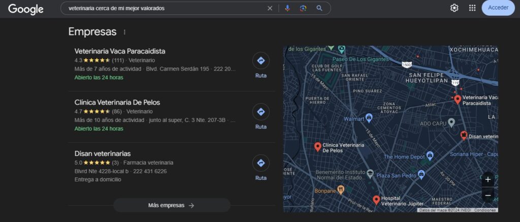 Resultados de la busqueda "veterinaria cerca de mi" en Google.