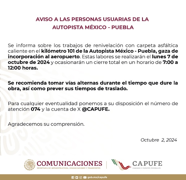 El lunes 7 de octubre cerrarán la autopista México-Puebla; checa por qué