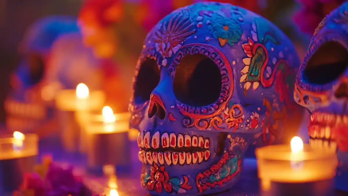 Imágenes de Día de Muertos: Calaveras y veladoras.