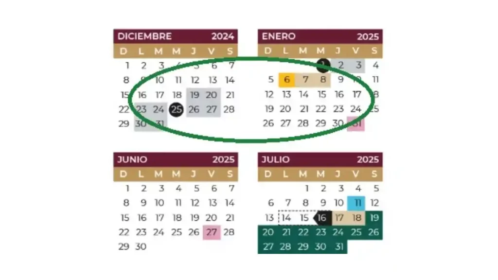 Calendario de diciembre y enero en donde se indican las vacaciones de diciembre.